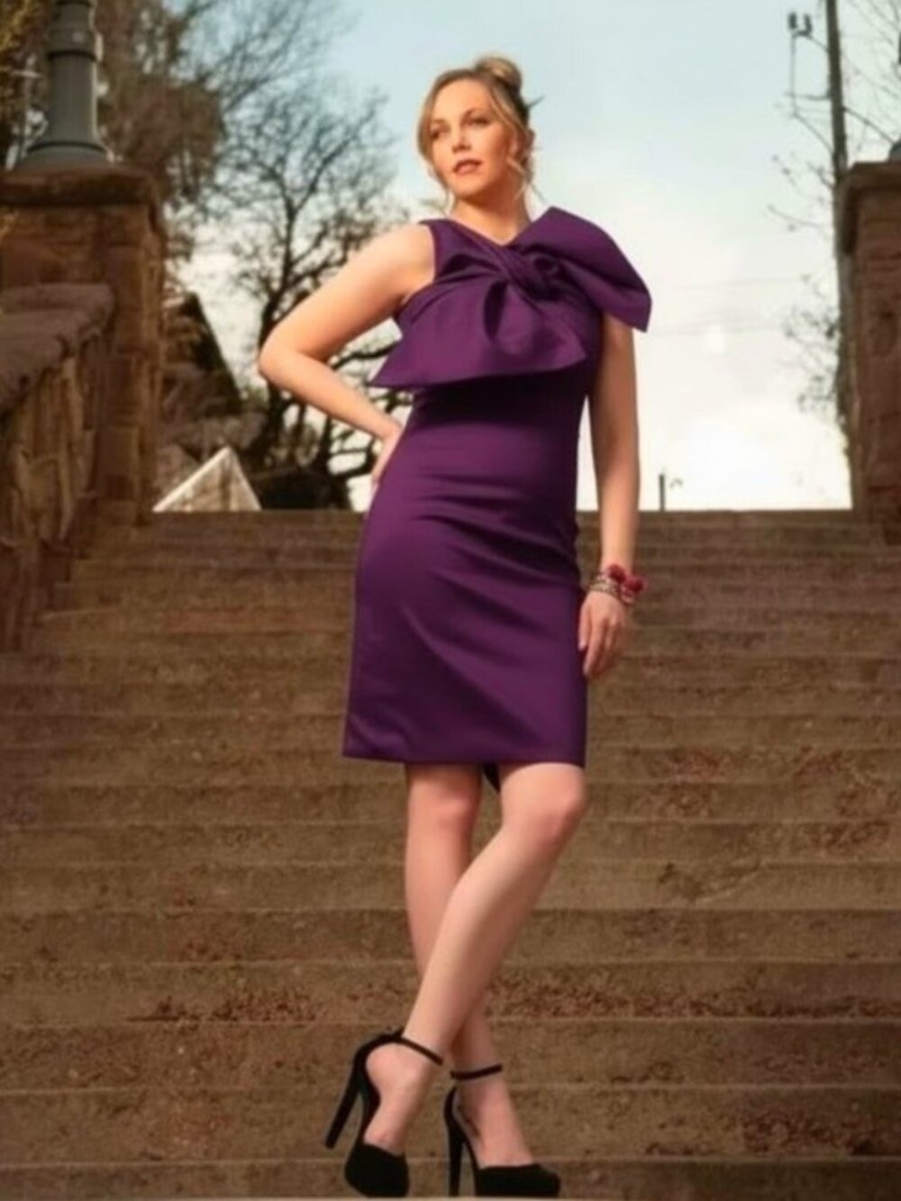 NWT Samuel Dong Dupioni Tie Bow Dress F23002 Violet Purple Medium